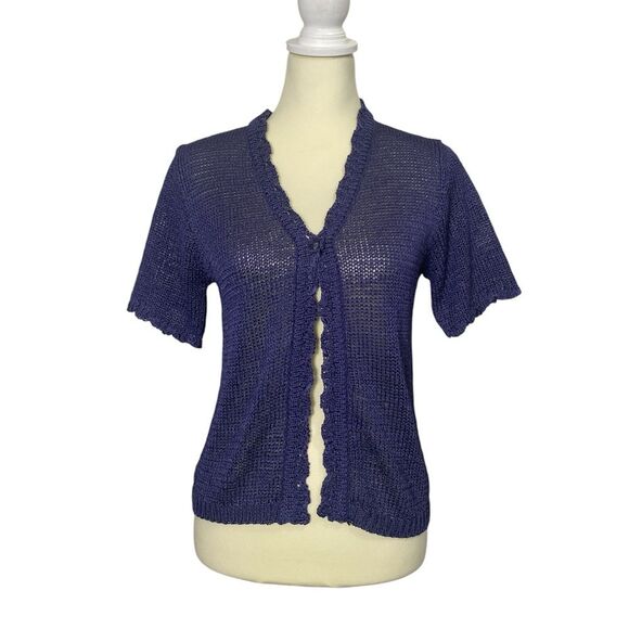 Sag Harbor Sweaters - Vintage Sag Harbor Petite Purple Open Knit Crochet Cardigan Short Sleeve Cottage